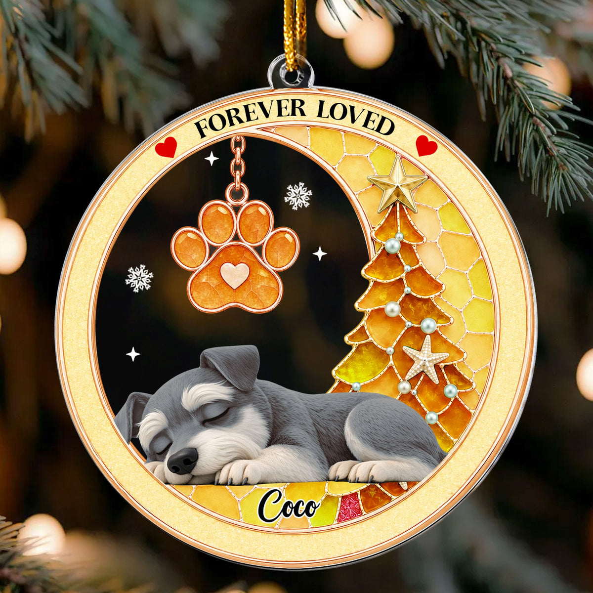 Custom Pet Name Christmas Memorial Ornament, Pet Loss Remembrance Gift, Sea Glass 3D Effect Paw Print - Personalized Ornament