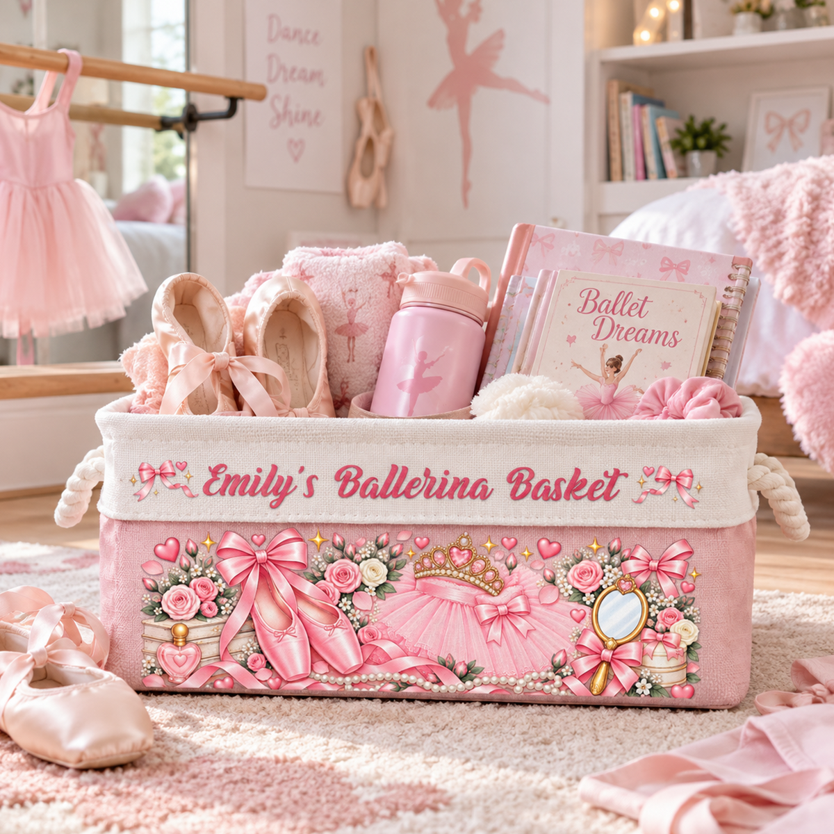 Custom Name Ballerina Basket With Handles For Girls, Daughters - Personalized Storage Basket