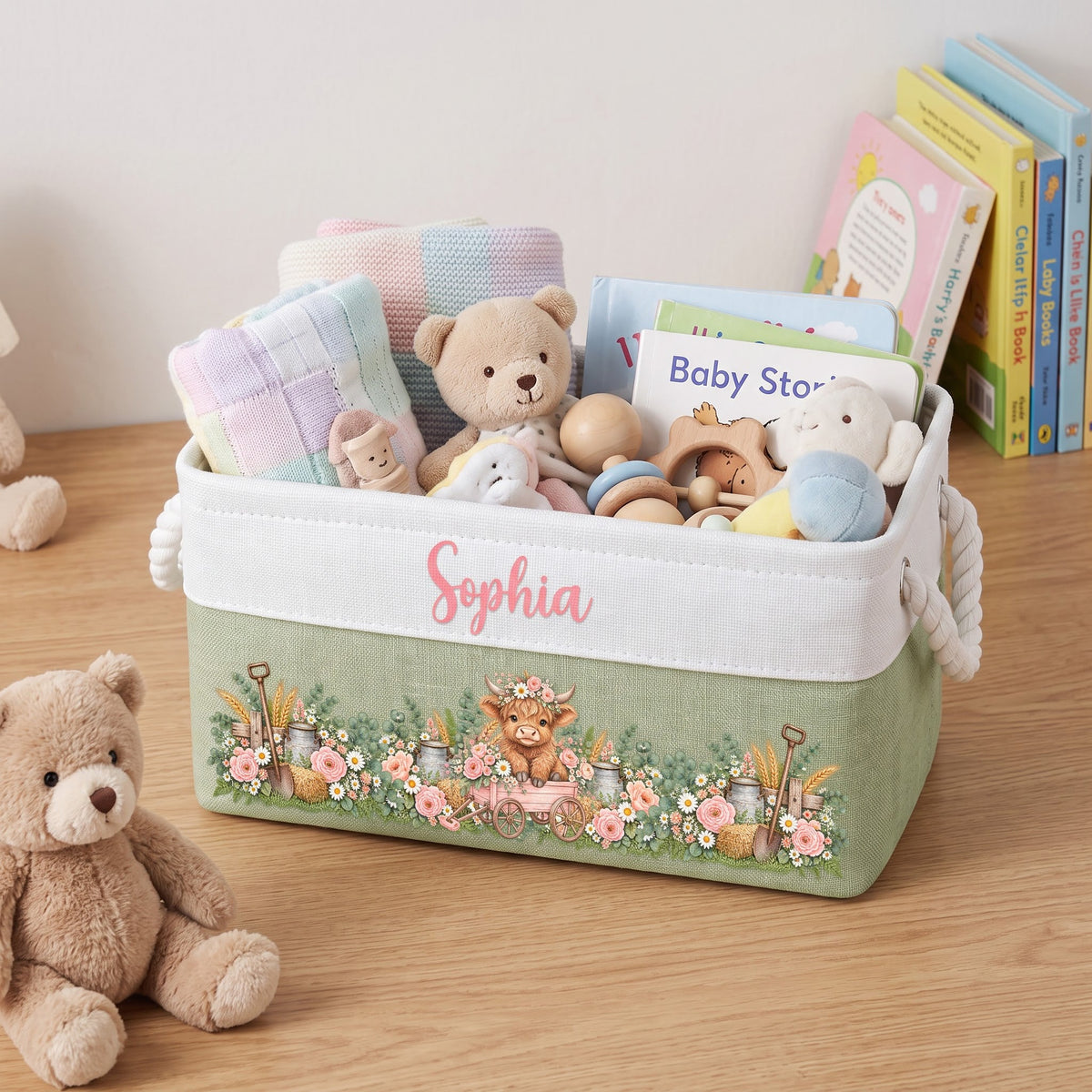Highland Cow Farmhouse Nursery Decor - Personalized Storage Basket