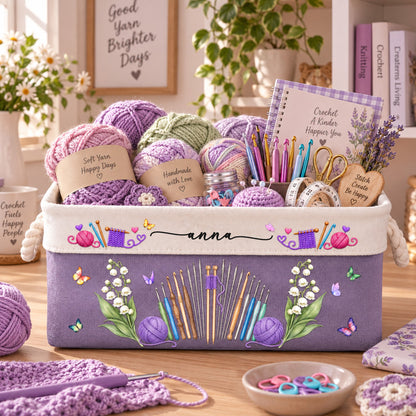 Knitting, Crochet Custom Name & Birth Flower Gift For Knitter, Crocheter - Personalized Storage Basket