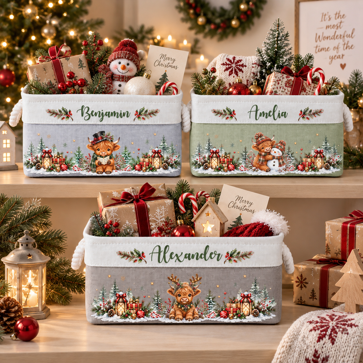 Highland Cow Farmhouse Christmas Decor - Personalized Storage Basket
