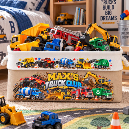 Custom Name Toddler Construction Truck Excavator Vehicle Toy - Personalized Storage Basket