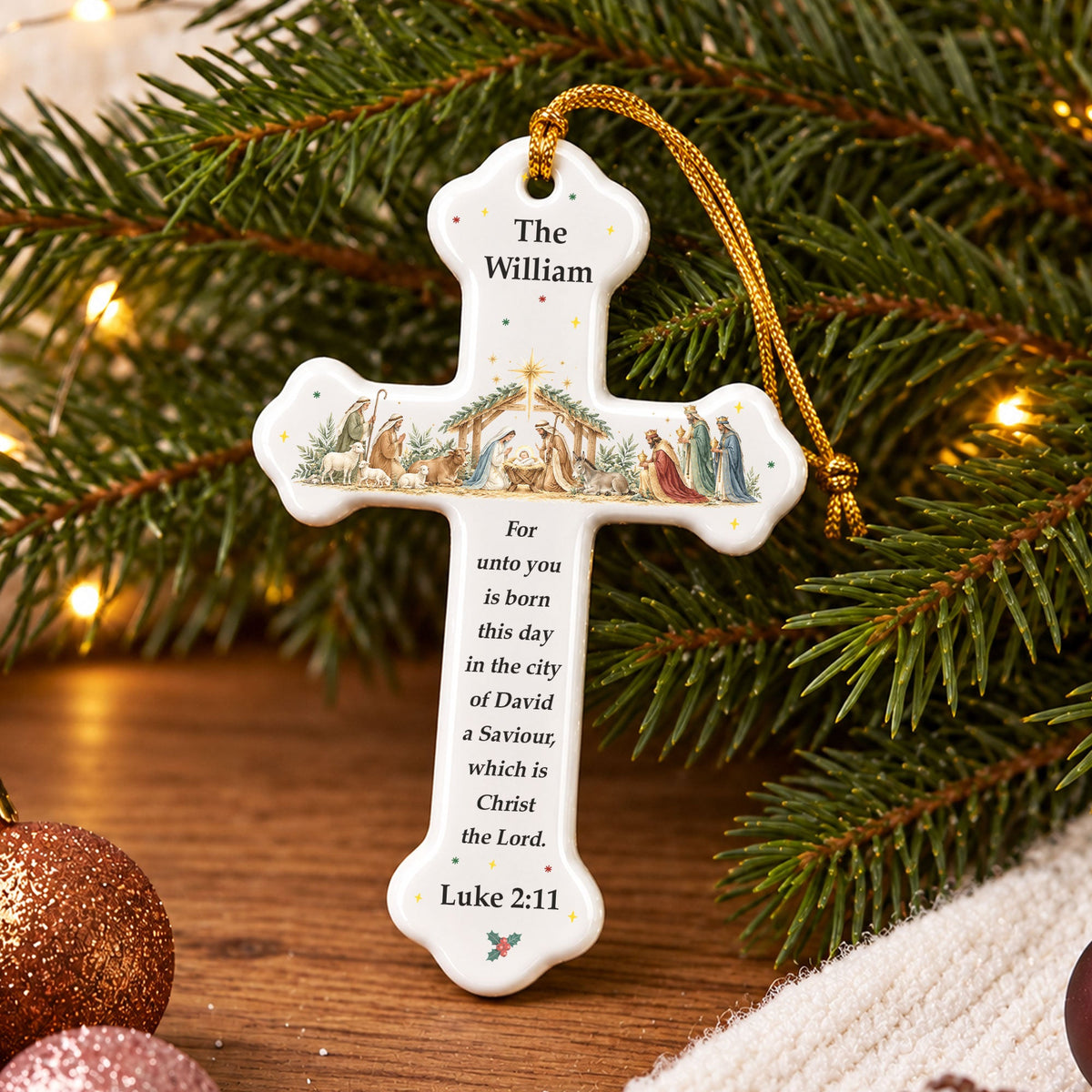 Custom Nativity Christmas Ceramic Cross - Personalized Ornament