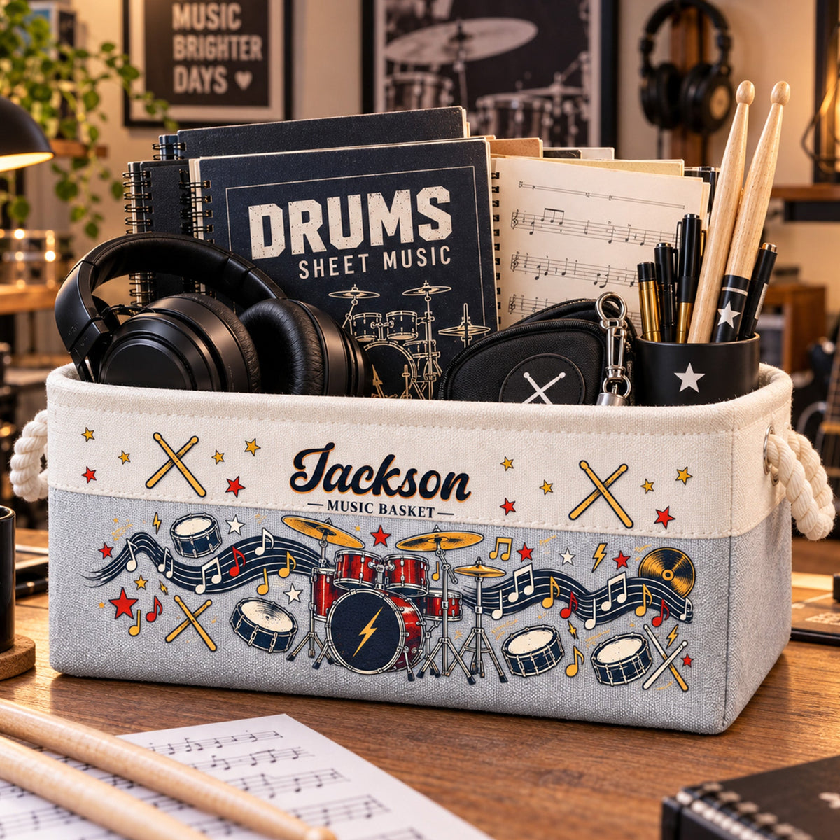 Custom Music Lovers Drums Gift For Drummers Boy, Girl, Daughter, Son - Personalized Storage Basket