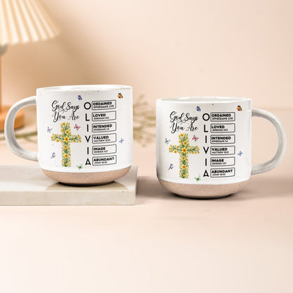God Says I Am Name Letter In Bible Cross Birth Month Flower - Personalized Mug