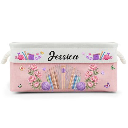 Knitting, Crochet Custom Name & Birth Flower Gift For Knitter, Crocheter - Personalized Storage Basket