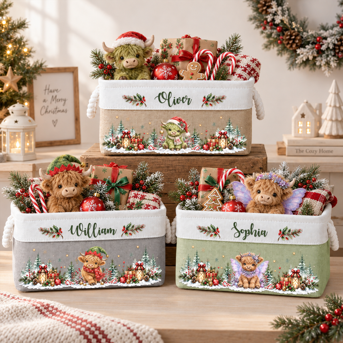 Highland Cow Farmhouse Christmas Decor - Personalized Storage Basket