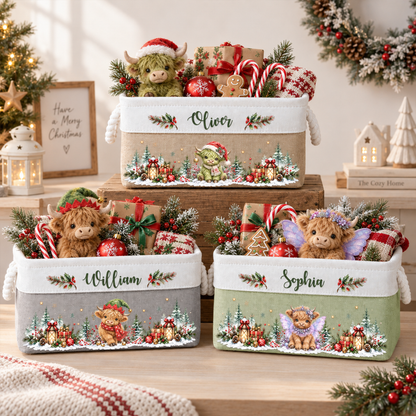 Highland Cow Farmhouse Christmas Decor - Personalized Storage Basket