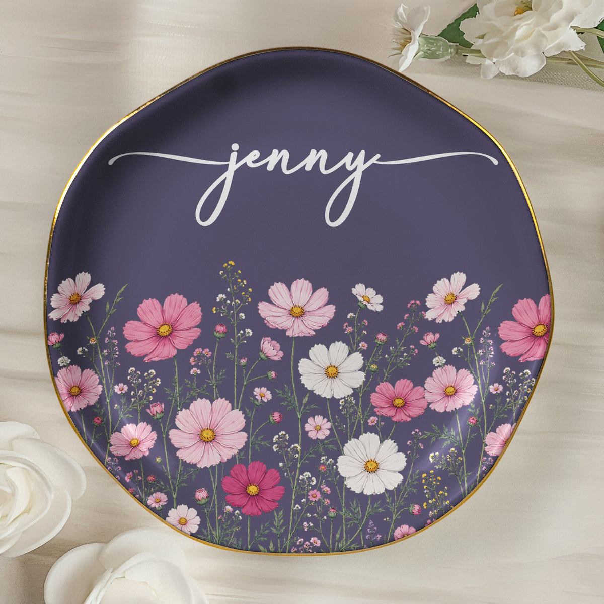 Custom Birth Flower & Name For Her, Gift For Friends, Coworkers, Daughters, Sisters - Personalized Jewelry Dish