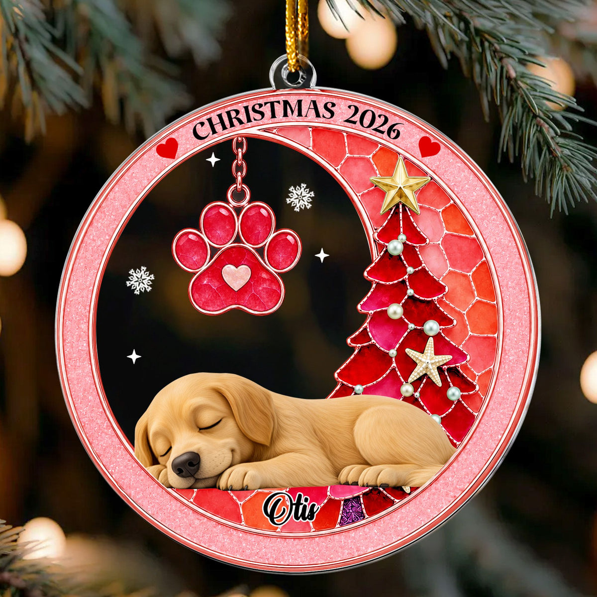 Custom Pet Name Christmas Memorial Ornament, Pet Loss Remembrance Gift, Sea Glass 3D Effect Paw Print - Personalized Ornament