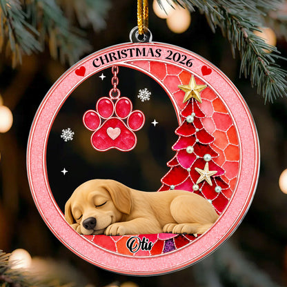 Custom Pet Name Christmas Memorial Ornament, Pet Loss Remembrance Gift, Sea Glass 3D Effect Paw Print - Personalized Ornament