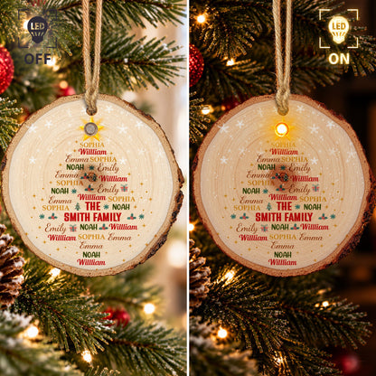 Custom Family Name Art In Christmas Tree Light Up Wooden Slice - Personalized Ornament