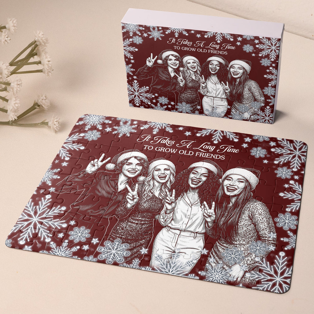Custom Photo Sketch Line Art Friendship Gifts For Her, Christmas Night - Personalized Jigsaw Puzzle