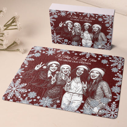 Custom Photo Sketch Line Art Friendship Gifts For Her, Christmas Night - Personalized Jigsaw Puzzle