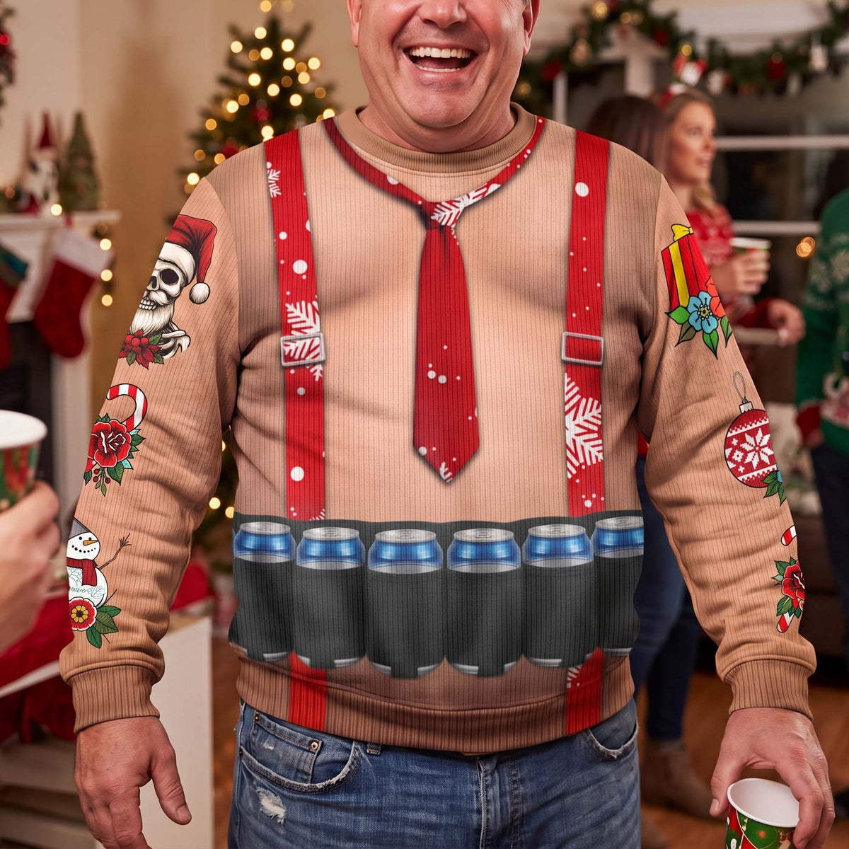 Funny Drinks Christmas Sweatshirt, 3D Muscle Santa Fake Ugly Xmas Sweater, Drinks Belt Holiday Pullover - Personalized Sweater