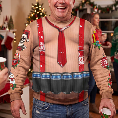 Funny Drinks Christmas Sweatshirt, 3D Muscle Santa Fake Ugly Xmas Sweater, Drinks Belt Holiday Pullover - Personalized Sweater