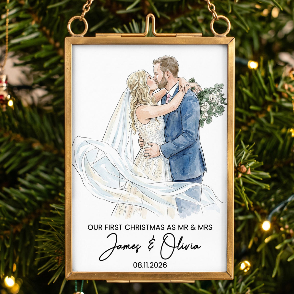 Christmas Frame Ornament Our First Christmas Couple Photo Watercolor - Personalized Ornament