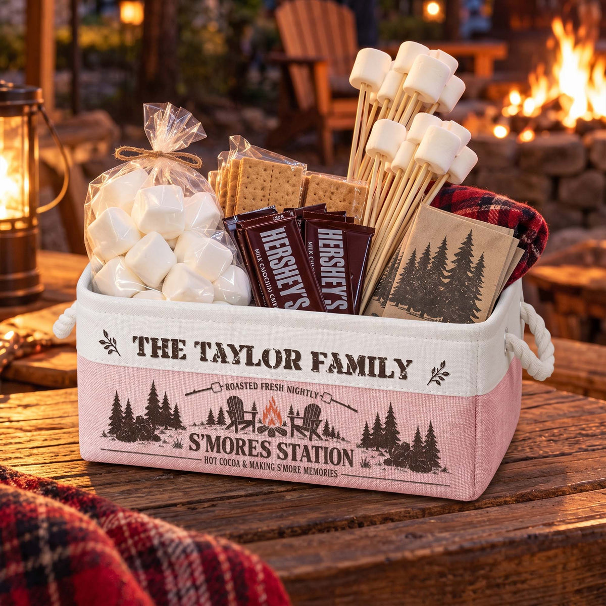 Family S’Mores Campfire Fire Pit Basket For Camping - Personalized Storage Basket