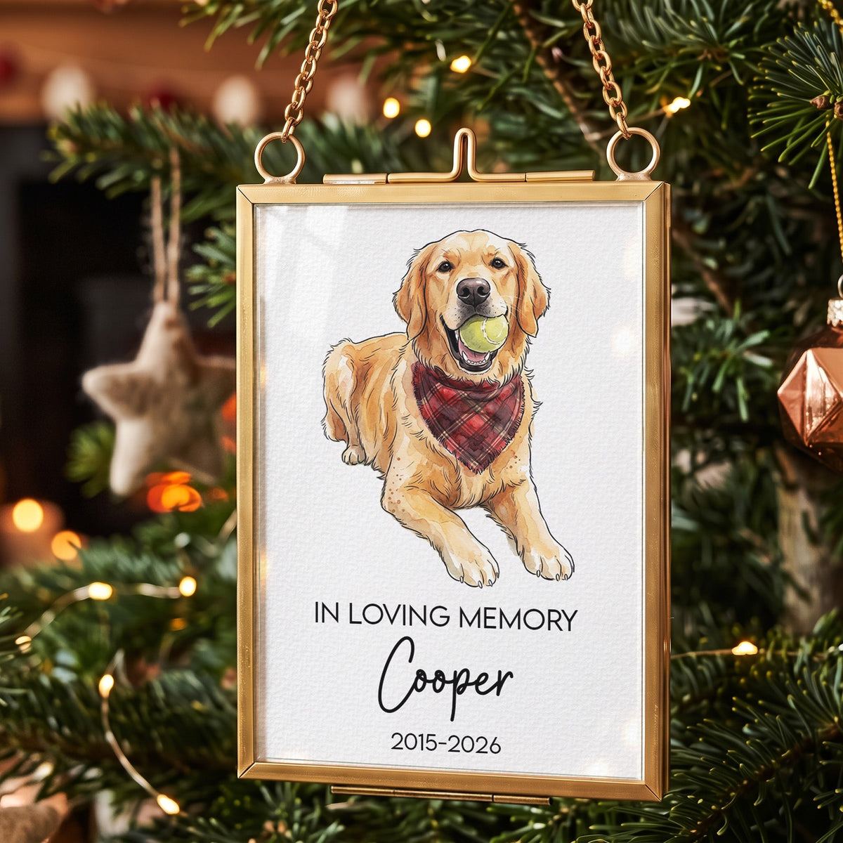 Pet Loss Christmas Frame Forever Loved Pet Portrait Watercolor Art - Personalized Ornament