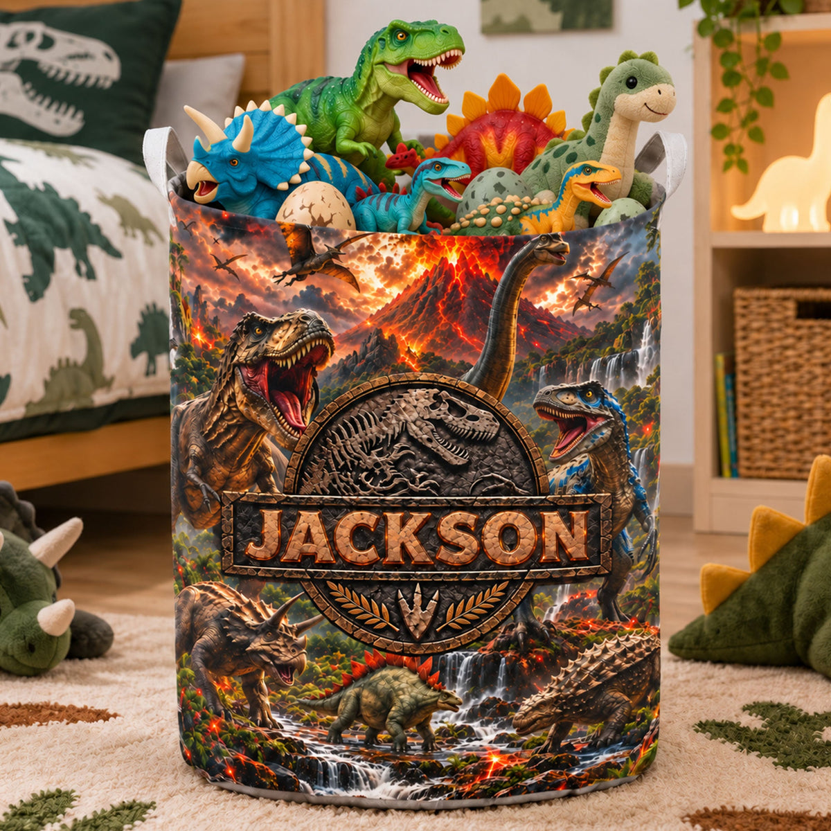 Custom Kid Name Dinosaur Jurassic T-Rex Boys Room Decor Toddler - Personalized Basket