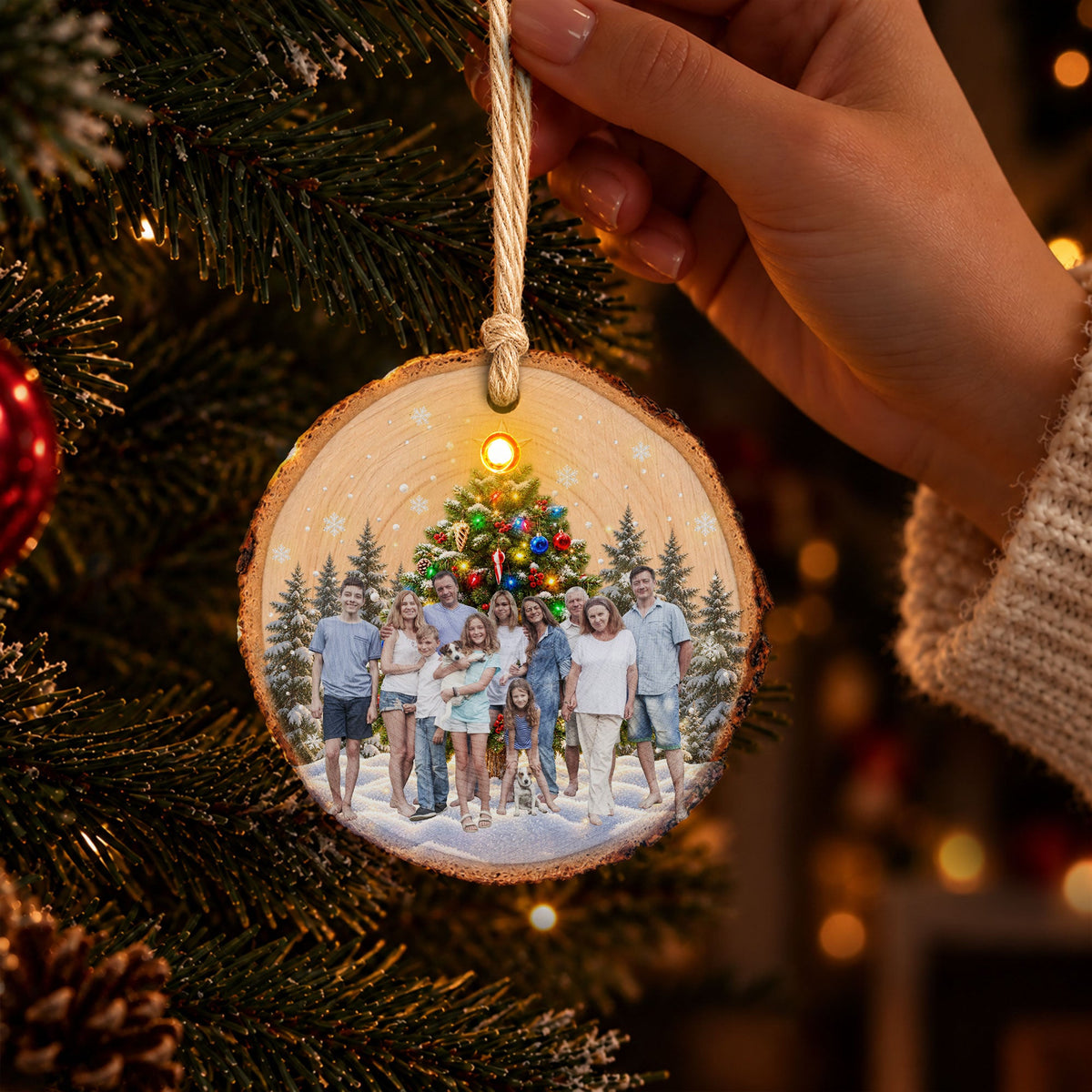 Custom Family Photo Under Christmas Tree Light Up Wooden Slice - Personalized Ornament