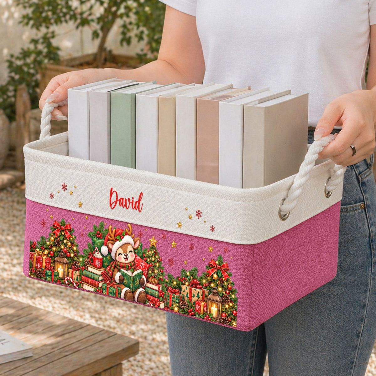 Christmas Snowman, Gingerbread, Reindeer Reading Book Gift For Book Lover - Personalized Storage Basket