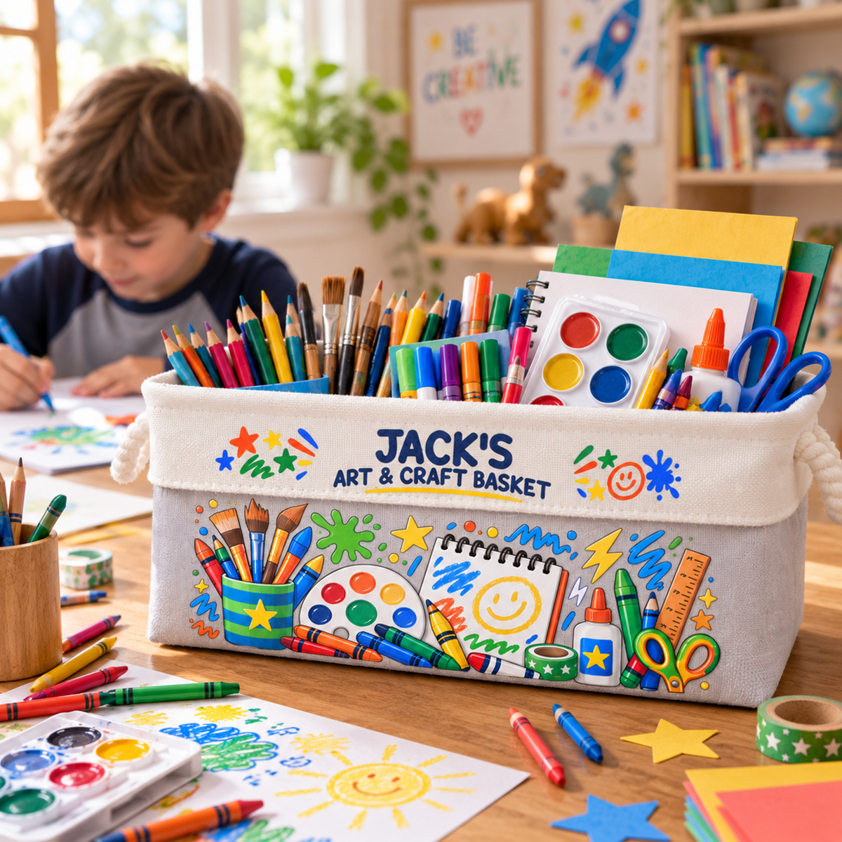 Art Supply Basket For Painting Lover Kids, Grandkids - Boy Version - Personalized Storage Basket