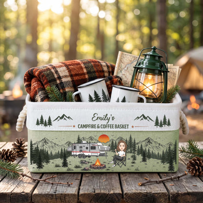 Custom Camper Rv Family Camping - Campfire & Coffee Basket - Personalized Storage Basket