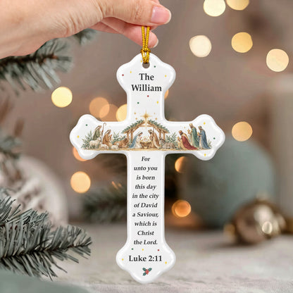 Custom Nativity Christmas Ceramic Cross - Personalized Ornament