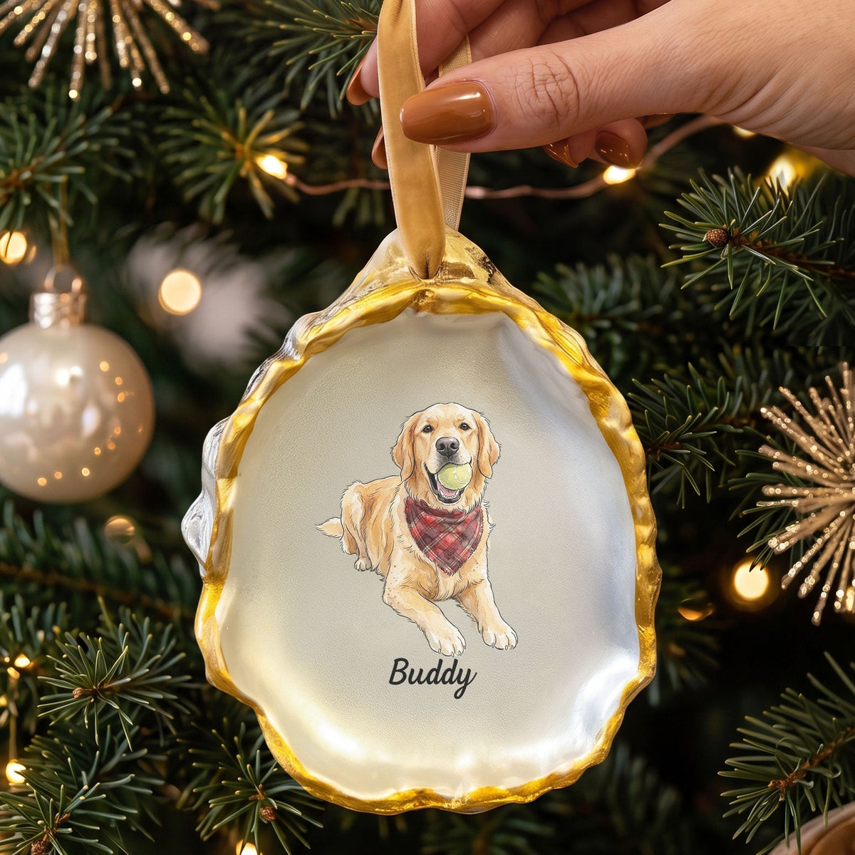 Custom Pet Photo Watercolor Oyster Christmas Ornament - Personalized Ornament