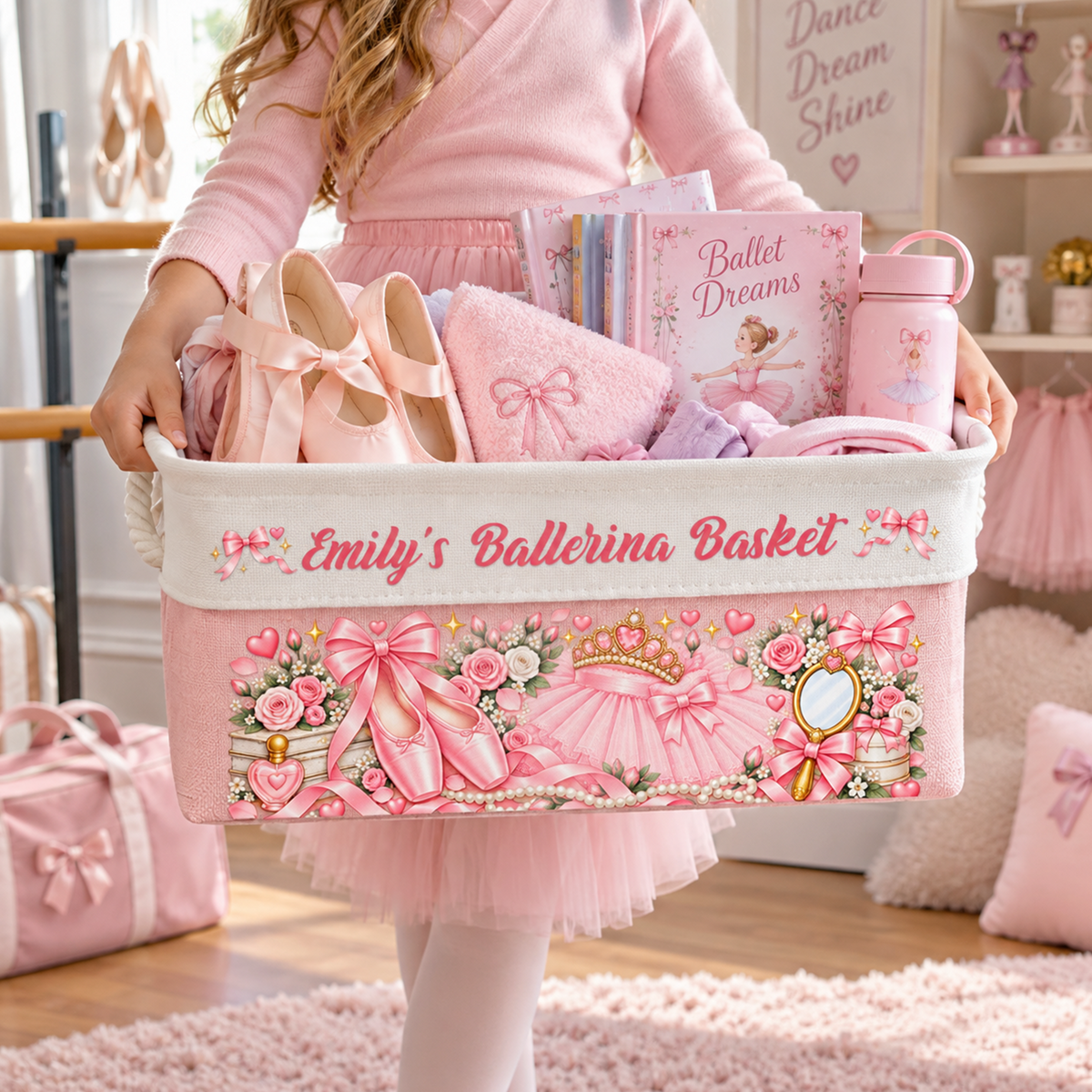 Custom Name Ballerina Basket With Handles For Girls, Daughters - Personalized Storage Basket