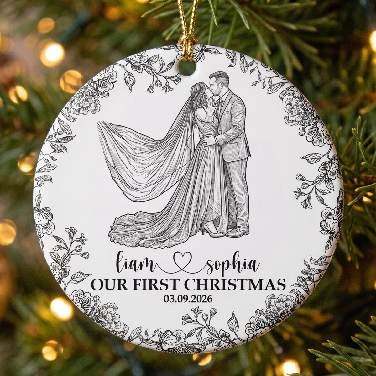 Custom Couple Photo Sketch Line Art First Christmas Married - Personalized Ornament