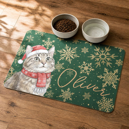Custom Pet Portrait Watercolor Art Snowflake Christmas - Personalized Pet Feeding Mat