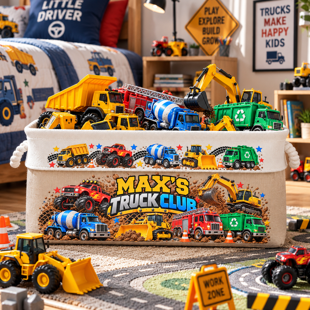 Custom Name Toddler Construction Truck Excavator Vehicle Toy - Personalized Storage Basket