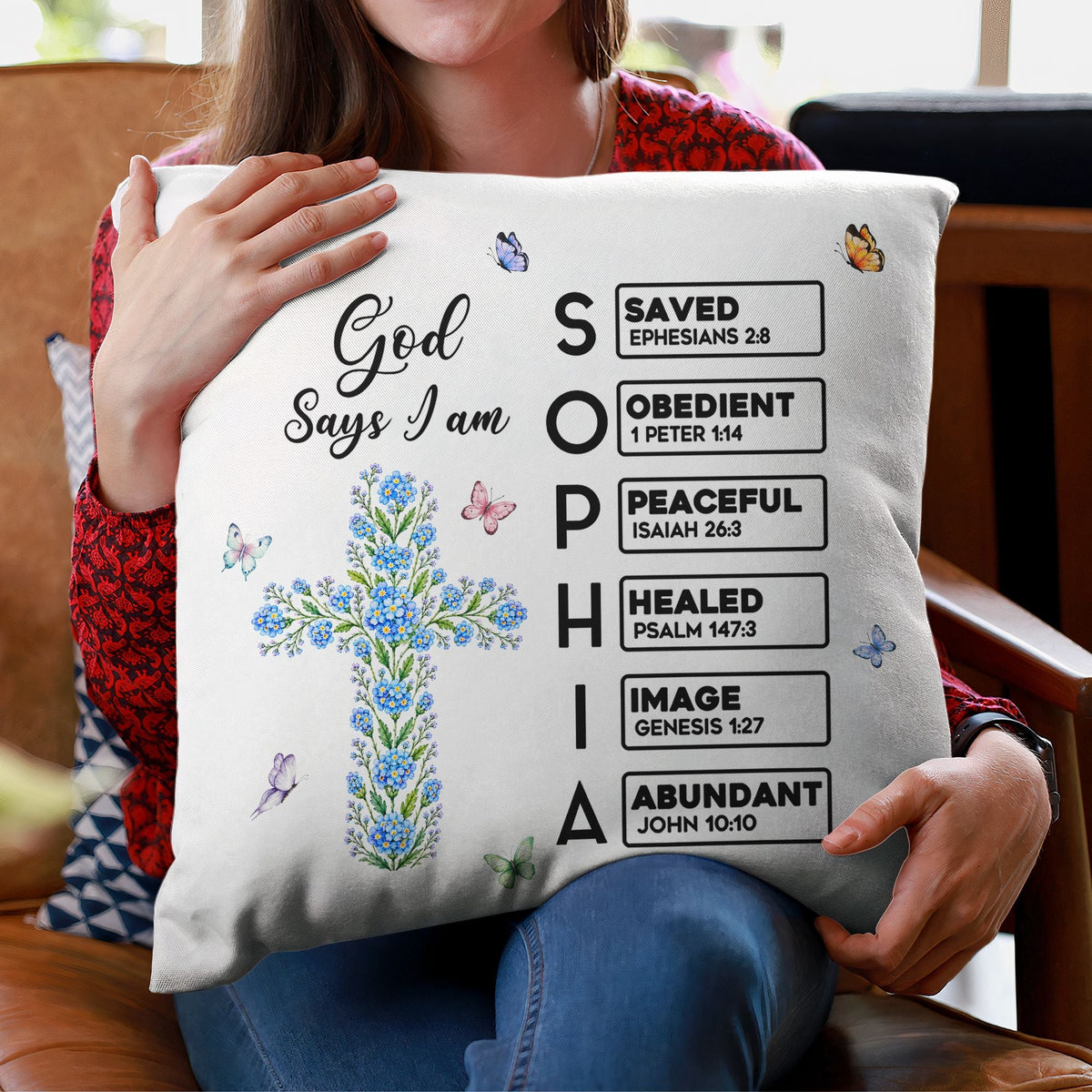 God Says I Am Name Letter In Bible Cross Birth Month Flower - Personalized Pillow