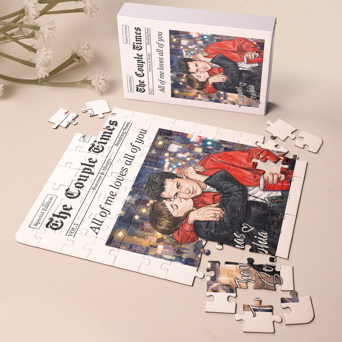 Custom Couple Photo Watercolor The Love Times - Personalized Jigsaw Puzzle