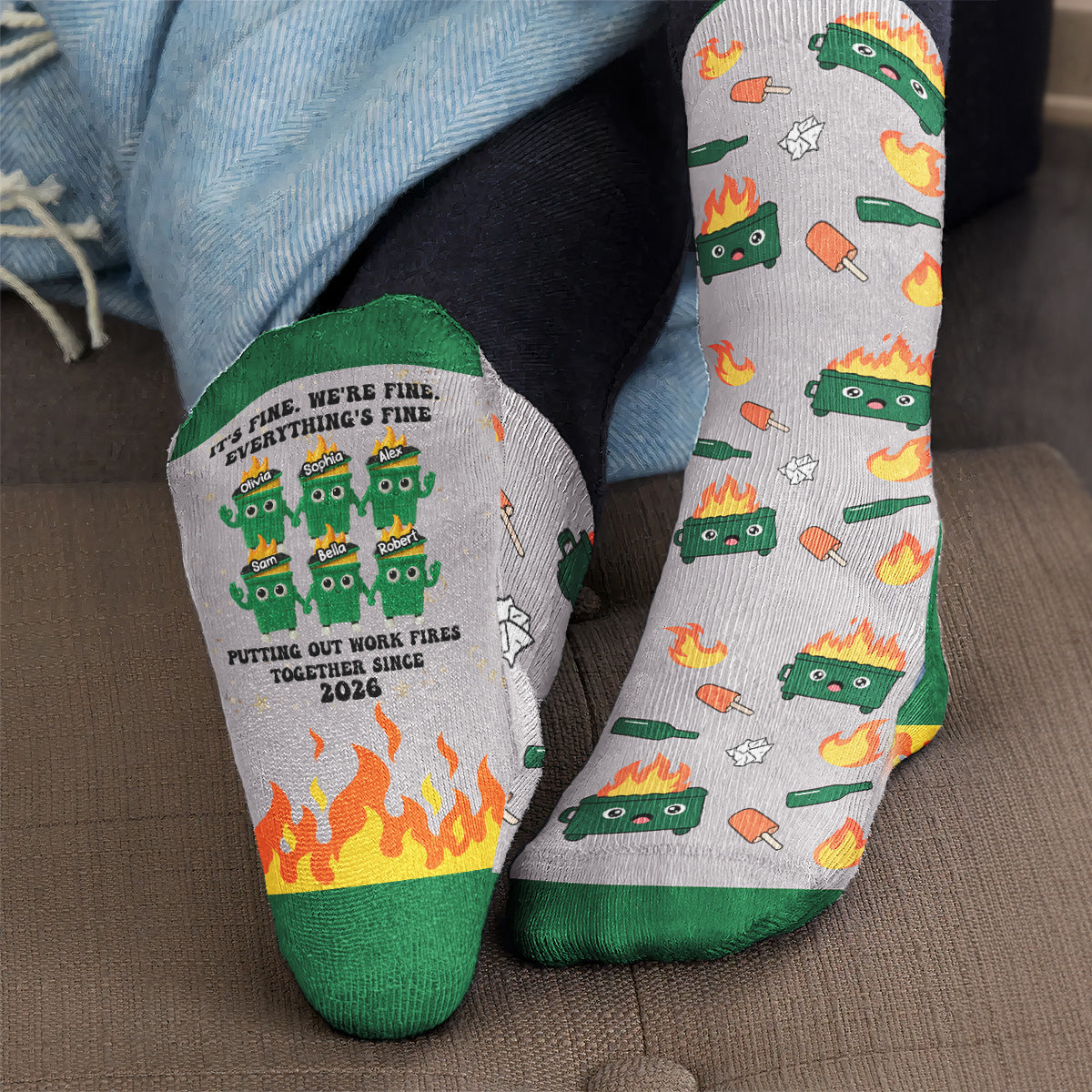 It's Fine We'Re Fine Everything's Fine Dumpsters Fire Coworker - Personalized Socks