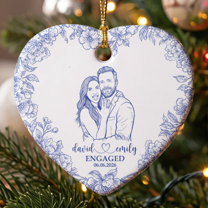 Custom Couple Photo Sketch Line Art First Christmas Married - Personalized Ornament