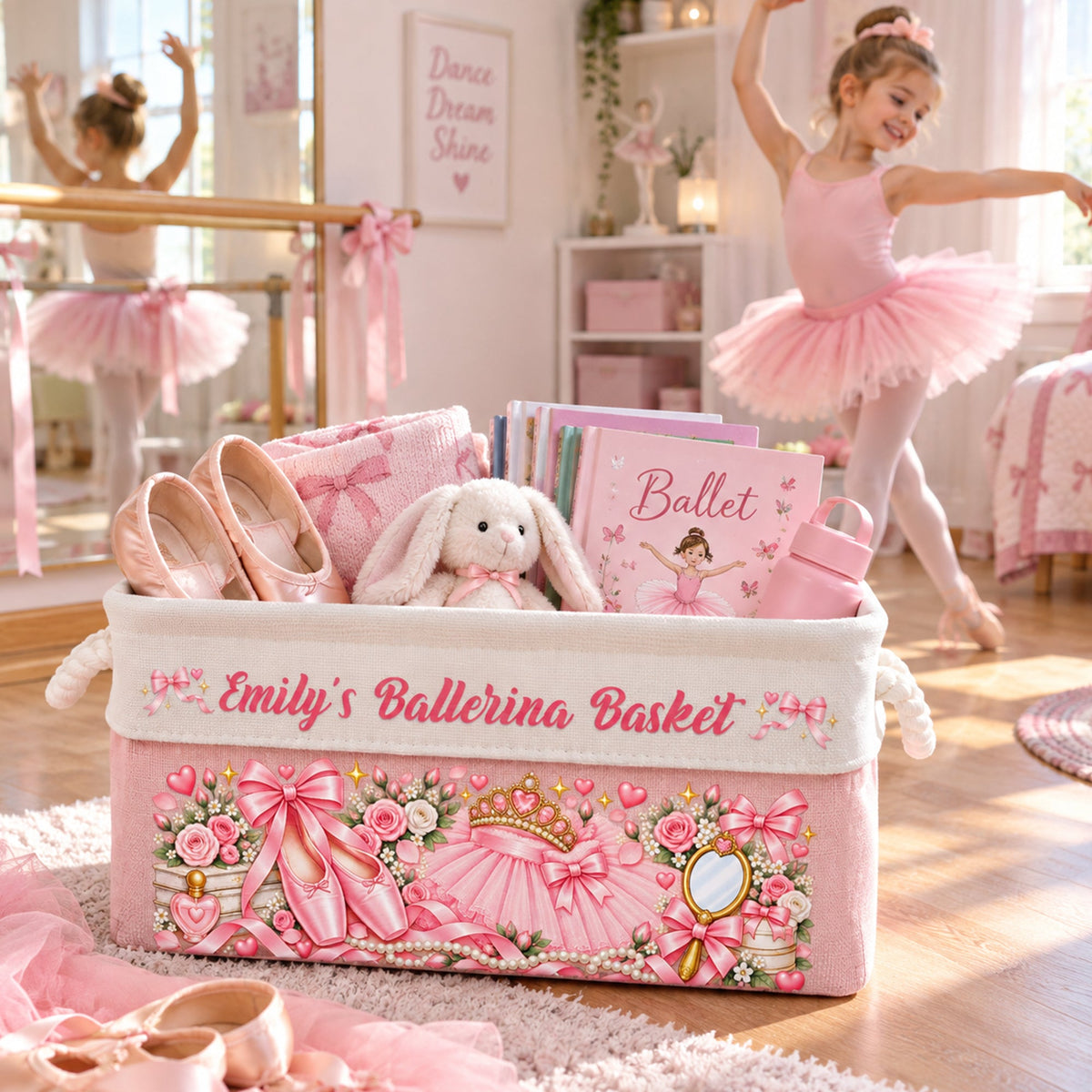 Custom Name Ballerina Basket With Handles For Girls, Daughters - Personalized Storage Basket