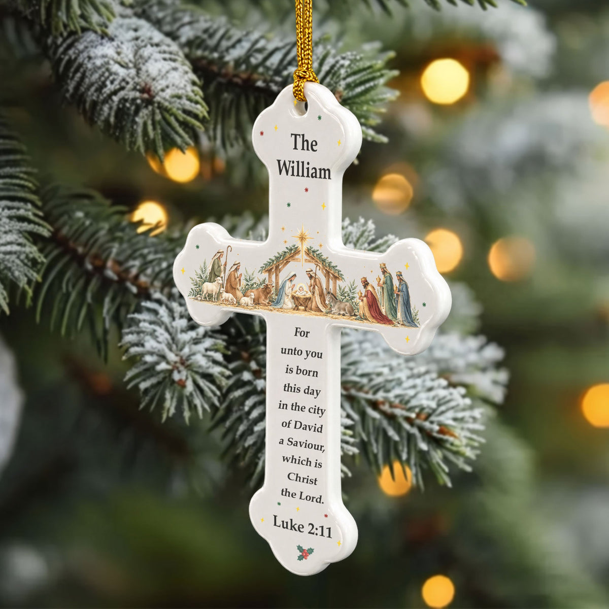 Custom Nativity Christmas Ceramic Cross - Personalized Ornament