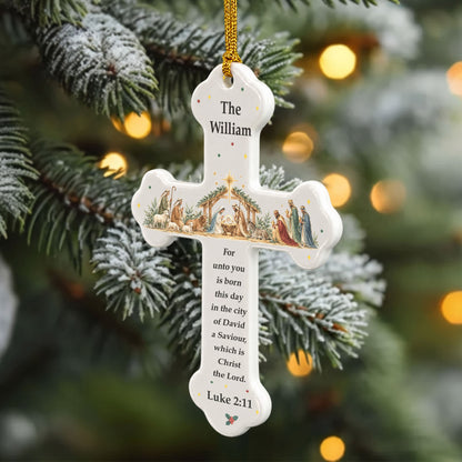 Custom Nativity Christmas Ceramic Cross - Personalized Ornament