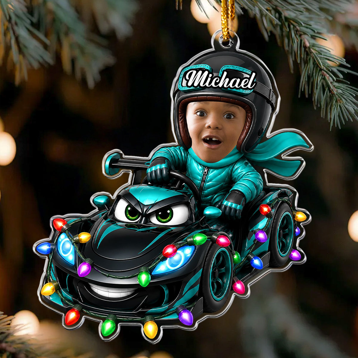 Custom Kid Funny Face Racing Car Christmas Gifts For Son, Daughter, Grandkids - Personalized Ornament