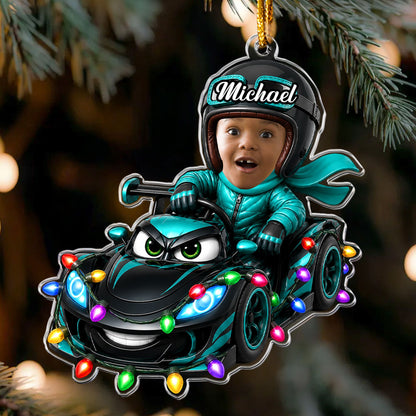 Custom Kid Funny Face Racing Car Christmas Gifts For Son, Daughter, Grandkids - Personalized Ornament