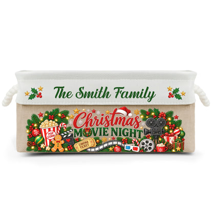 Christmas Movie Night Basket - Supplies Snack Storage Basket With Handles - Personalized Storage Basket