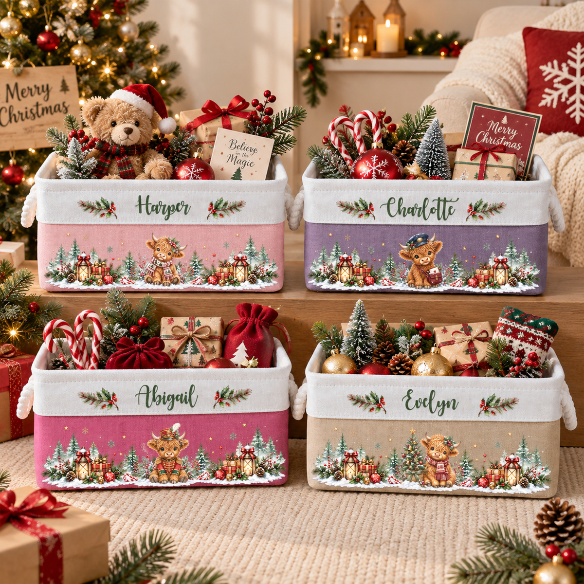 Highland Cow Farmhouse Christmas Decor - Personalized Storage Basket