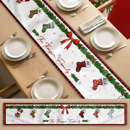 Christmas Together - Custom Family Name, Stocking Xmas Theme - Personalized Table Runner