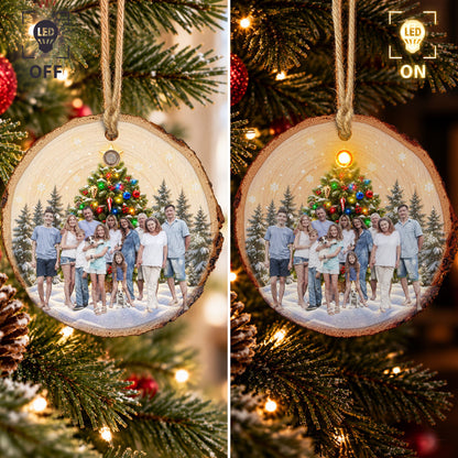 Custom Family Photo Under Christmas Tree Light Up Wooden Slice - Personalized Ornament