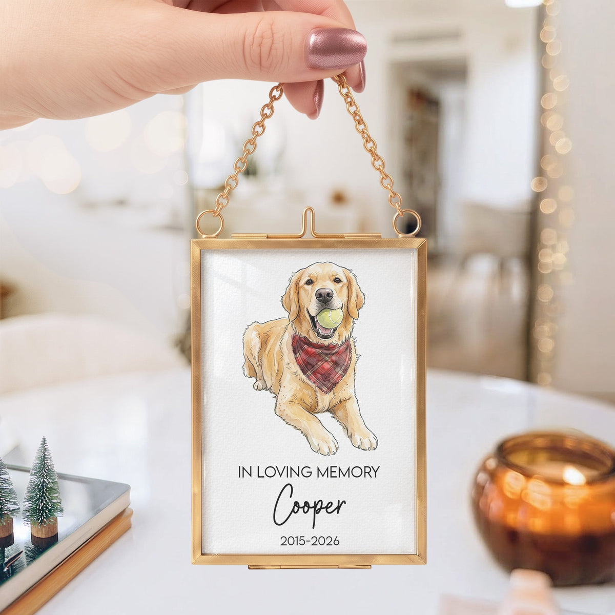 Pet Loss Christmas Frame Forever Loved Pet Portrait Watercolor Art - Personalized Ornament