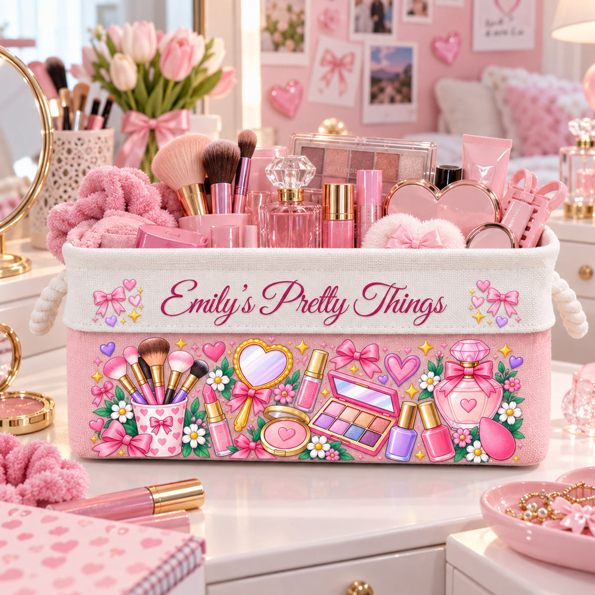 Makeup Storage Basket With Handles For Girls, Daughters, Granddaughters - Personalized Storage Basket
