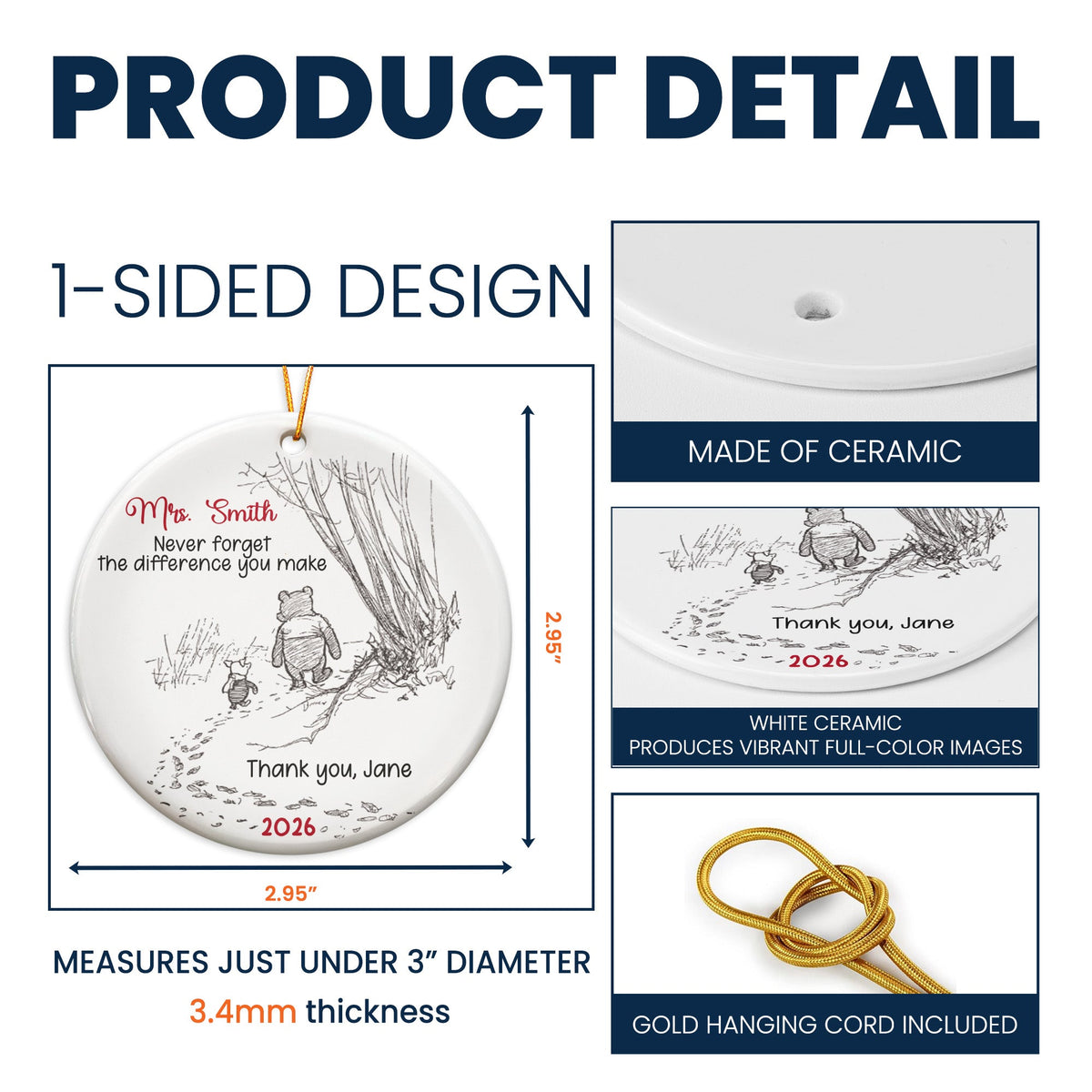 Never Forget The Difference You Make - Thank You Gift - Personalized Ceramic Ornament